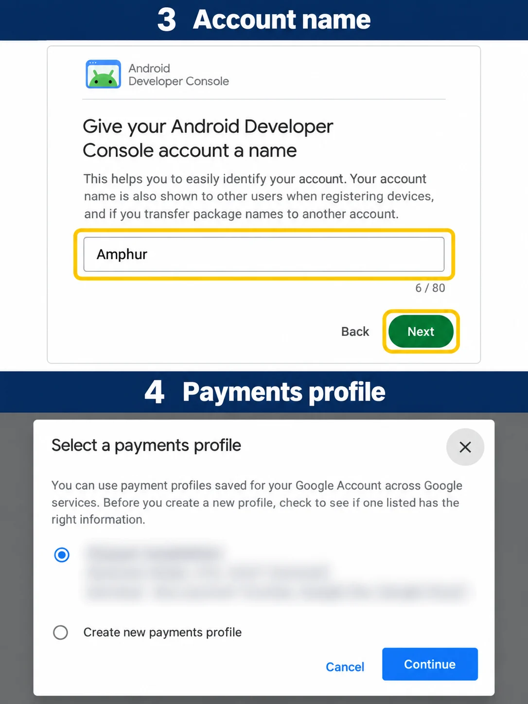 หน้าตั้งชื่อบัญชี Amphur และหน้าต่างเลือก payments profile พร้อมป้ายขั้นตอน 3 และ 4 โดยปิดข้อมูลส่วนตัวแล้ว
