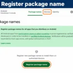 หน้า Package names ใน Android Developer Console พร้อมปุ่ม Register package name และแท็บ Devices ป้ายขั้นตอน 8 โดยปิดรูปบัญชีแล้ว