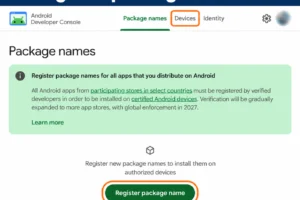 หน้า Package names ใน Android Developer Console พร้อมปุ่ม Register package name และแท็บ Devices ป้ายขั้นตอน 8 โดยปิดรูปบัญชีแล้ว
