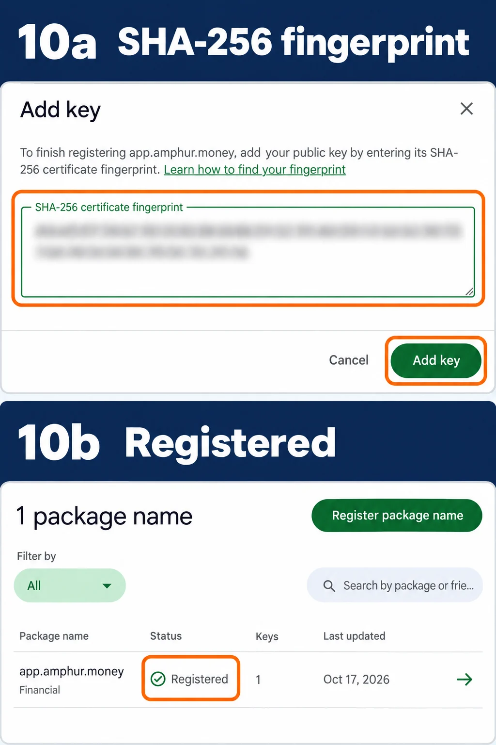 ช่อง SHA-256 certificate fingerprint ที่ปิดค่าจริงไว้ และแถวแอป Financial สถานะ Registered พร้อม key 1 รายการ ป้าย 10a และ 10b
