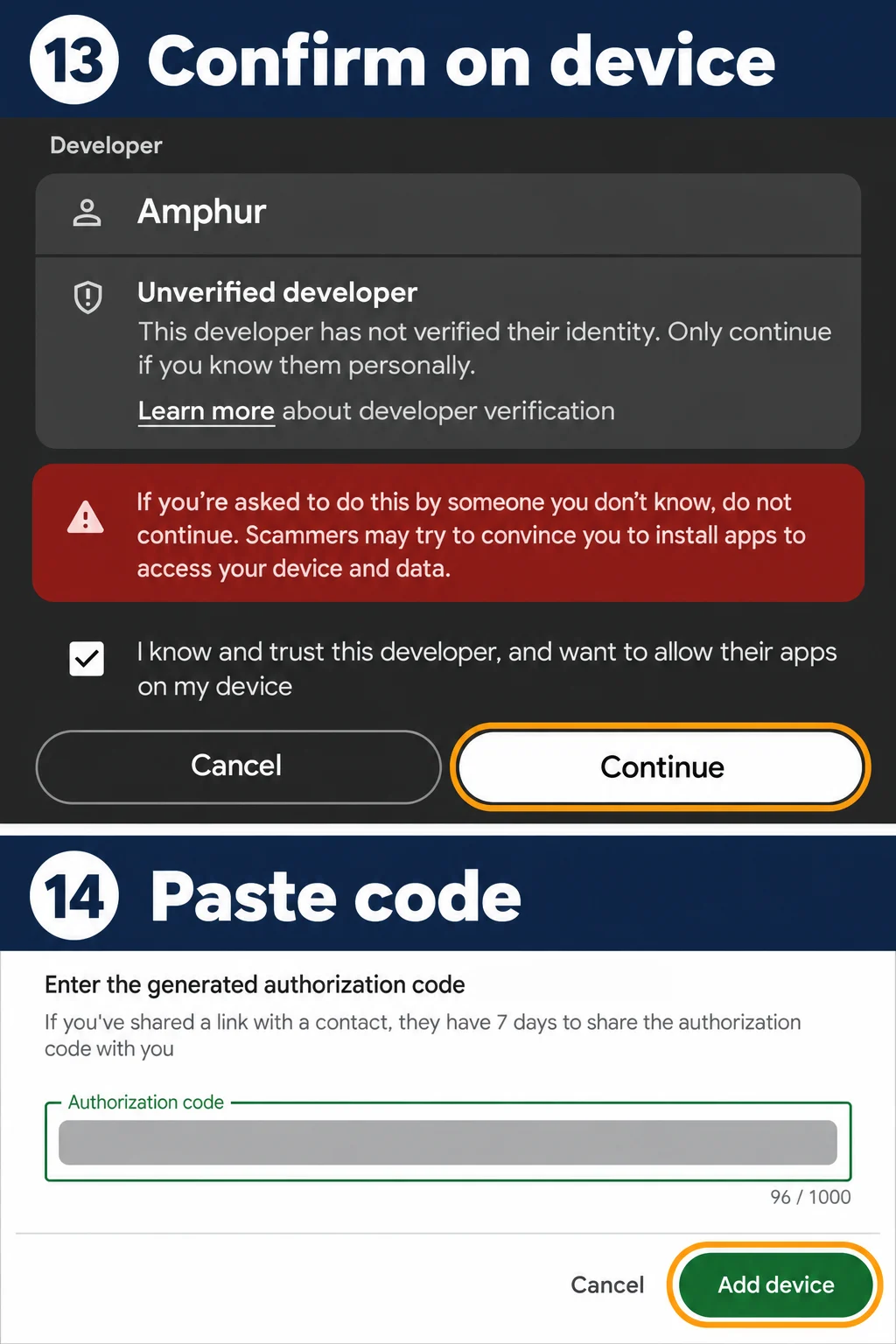 หน้า Android ยืนยันความไว้วางใจผู้พัฒนา Amphur และช่อง Authorization code ที่ปิดโค้ดจริงไว้ พร้อมปุ่ม Add device ป้าย 13 และ 14
