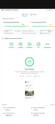 ภาพหน้าจอ PageSpeed Insights ของ Amphur.in.th โหมด Mobile แสดง Performance 97 และอีกสามหมวด 100