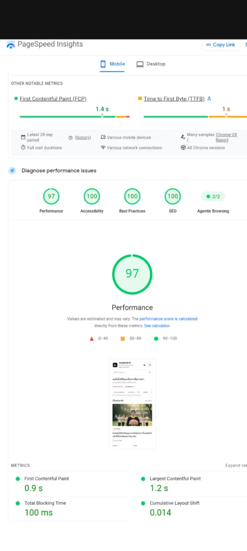 ผล PageSpeed ของ Amphur.in.th บนมือถือ: Performance 97, Accessibility 100, Best Practices 100 และ SEO 100