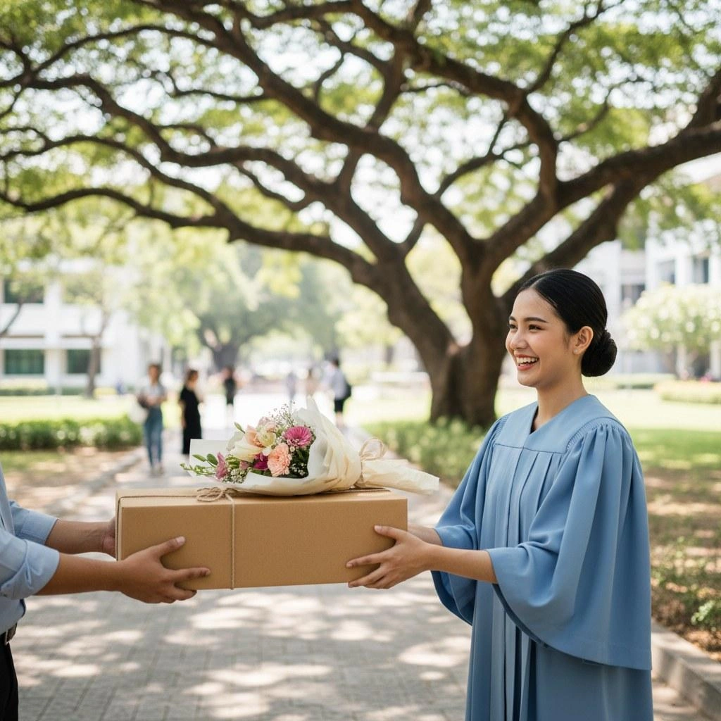 การส่งมอบกล่องพร้อมช่อดอกไม้ให้ผู้รับใต้ร่มไม้ในมหาวิทยาลัย